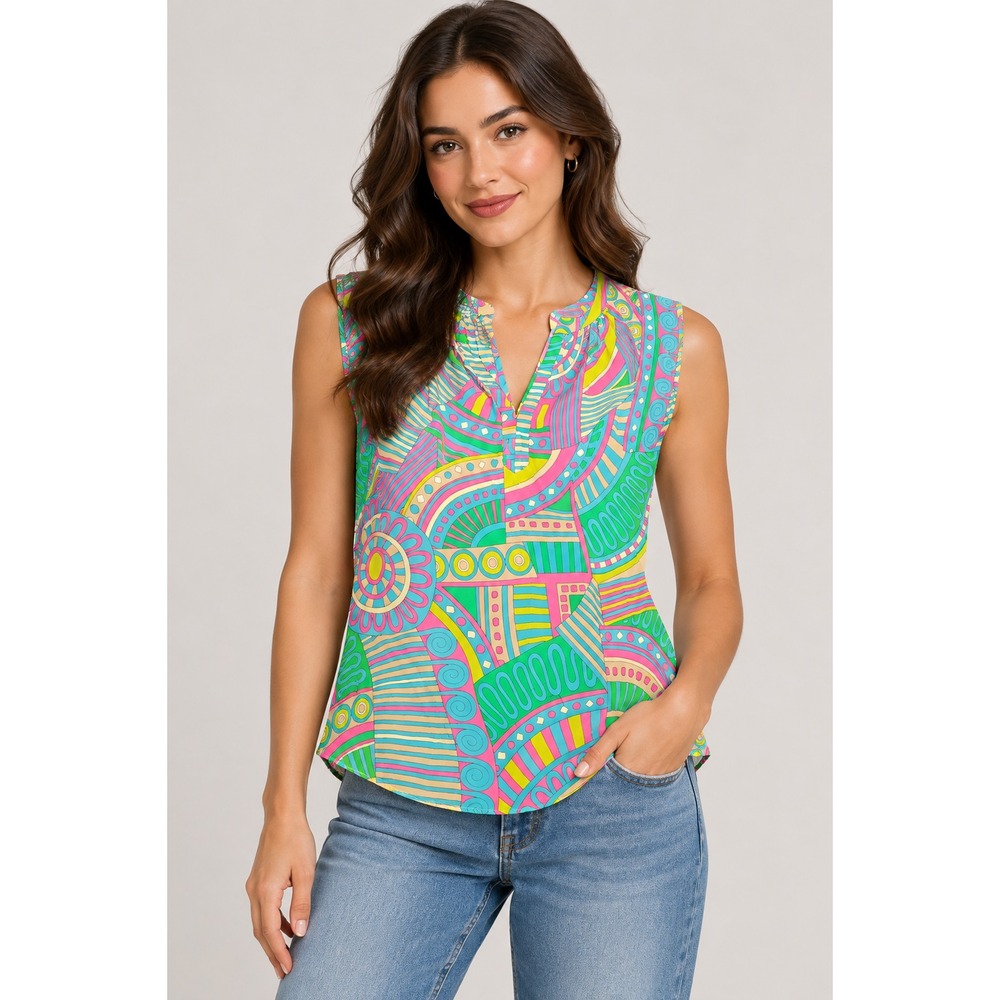 Alice + Trixie Blouse Women M Multi Excellent 100% Silk Geometric Sleeveless Top